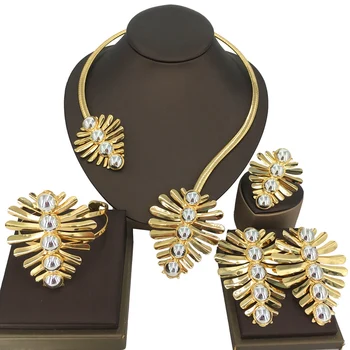 Yuminglai צבע זהב תכשיטים מגדיר עבור נשים שרשרת עגילים דובאי אפריקאי הודי כלה אביזר פרחים סט תכשיטי FHK13819