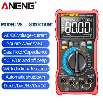 ANENG V8 דיגיטלי מודד True RMS 8000 נחשב NCV DC/AC הנוכחי מתח LCD מדויק אוטומטי טווח טרנזיסטור הבוחן Profesional