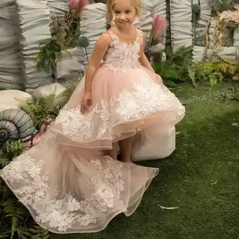 ורוד Hi-Lo התחרה Appliqued פרח ילדה שמלות לחתונות שמלת נשף הילדים שמלות קודש יום הולדת פוטושוט שמלות