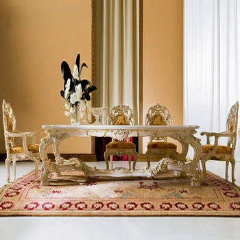 מותאם אישית הוילה בריהוט אירופאי עץ מלא מגולף מלבני שולחן אוכל צרפתי איטלקי שולחן אוכל, כיסא משולב