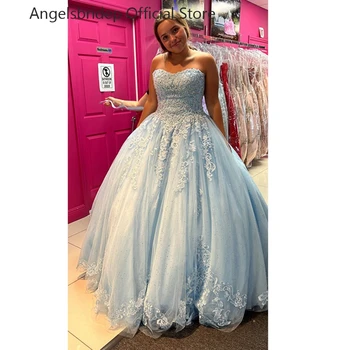 ANGELSBRIDEP שמיים כחול שמלת נשף הטקס שמלות 15 מסיבת טול נצנצים אפליקציות רשמית נשף מסכות סינדרלה שמלות יום הולדת