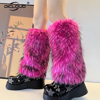 אופנה פלאפי פו פוקס מחממי רגליים נשים מותג יוקרה מסלול חורף עבה פרווה חמה אתחול מכסה שיק Harajuku Y2k בנות גרביים