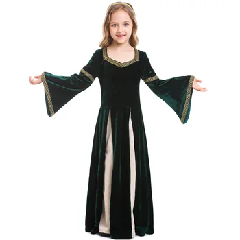 ליל כל הקדושים הילדים המכשפה קוספליי תלבושת רטרו של ימי הביניים הנסיכה בגדים ירוקים חצוצרה שרוול שמלת מסיבת הילד ביצועים חליפה