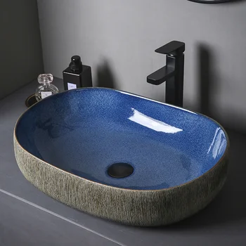 קרמיקה אגן על ריהוט אמבטיה כיור מלון אליפסה אמנות קרמיקה השיש כיור רהיטים ביתיים פשוטים כיור