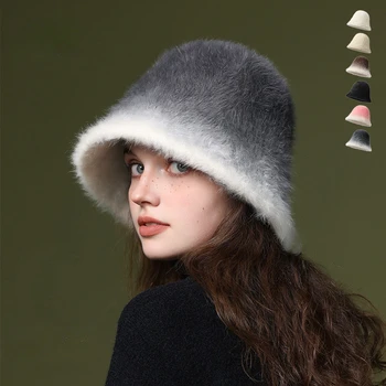 USPOP חדשה בחורף ארנב שיער דלי כובע עם רצועת הראש המתכווננת עבה חם שיפוע צמר תערובת דלי כובעים לנשים