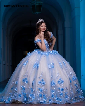 סינדרלה כחול 3D פרחים אפליקציה את הכתף 15 שמלת קינסאנךרה 2023 שמלת נשף קווינס שמלות נסיכה רשמית אירוע