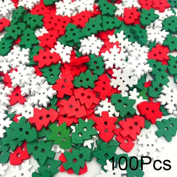 100pc עבודת יד עץ תופרת כפתורים עץ חג המולד אדום ירוק לבן מעורבב פתיתי שלג חג המולד Decorat Diy לשנה החדשה בגדים