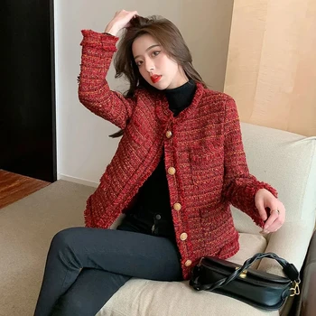 מעילי נשים סתיו חורף 2023 אדום חדש טוויד, ז 'קטים קצרים חופשי להאריך ימים יותר הנשי קוריאני, צרפתית מזג בנות Overwear' קט