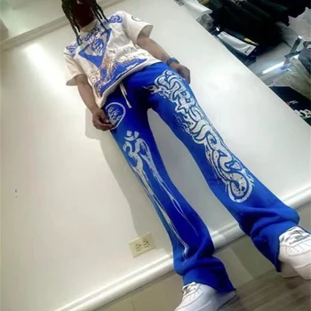 Hellstar כחול Oversize רטרו בוץ הדפסה שחוק ספורט מזדמנים מכנסיים רחוב גברים, נשים, מכנסי דגמ 