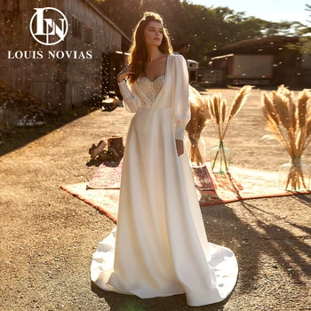 לואיס NOVIAS סאטן שמלות כלה לנשים 2023 פנס שרוולים ארוכים קריסטל רכבת בית משפט קו שמלת החתונה Vestidos דה נוביה