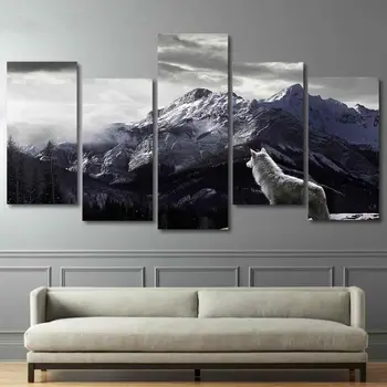הר השלג מישור זאב בודד בד אמנות קיר התמונה עיצוב הבית פנל 5 HD הדפסת פוסטר תמונות לא הפליל את הציורים.