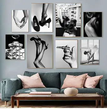 נורדי שחור לבן פוסטר בד ציור סקסי, אופנה, נשים, אמנות קיר צילום הדפסים מופשטים קיר בעיצוב הסלון