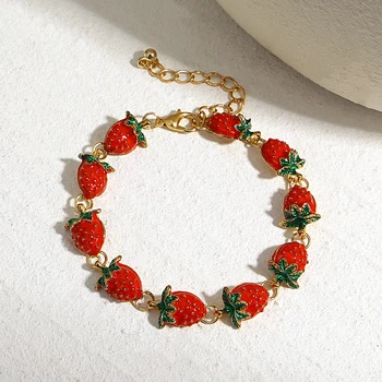 AENSOA מתוקה יפה אמייל אדום תות צמיד צמידים ציור פירות צמידים לנשים מתכוונן צד תכשיטים