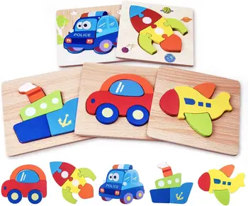 5pcs עץ התחבורה פאזלים לפעוטות, בנים ובנות צעצועים חינוכיים מתנה, צבע בהיר צורות שונות