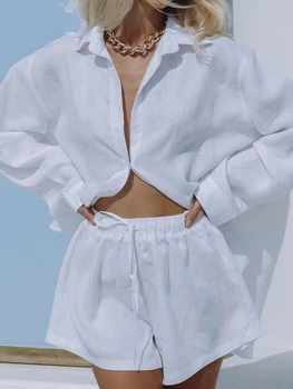 Linad נשים רווקות בבית של בגדים 2 ערכות קטע לבן ארוך שרוול פיג ' מה הנשית מזדמן חליפות עם מכנסיים קצרים 2023 הקיץ הלבשת לילה