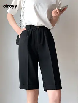 מכנסיים קצרים לנשים עם קו מותן גבוה כפתור כיסים רחב הרגל באורך הברך חליפת מכנסיים קצרים חופשי משרד נוח גברת מזדמן קיץ 2023