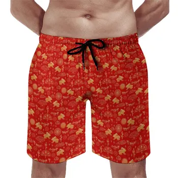 אדום ארנב ספורט קצרים בקיץ סינית מסורתית החוף מזדמנים מכנסיים קצרים גברים רץ מהר יבש דפוס בגד ים