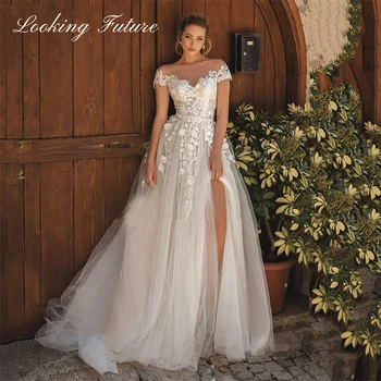 תחרה שמלות כלה טול צד פיצול V-צוואר רומנטית עם שרוולים קצרים שמלת החתונה לבן מודרני שמלת הכלה vestido de נוביה 2023
