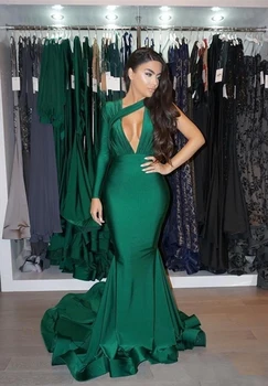 מקסים ירוק כהה סקסי עמוק צוואר V שמלת נשף סאטן 2023 ים של נשים שמלת מסיבת החתונה עם Linning שמלות ערב רשמית.