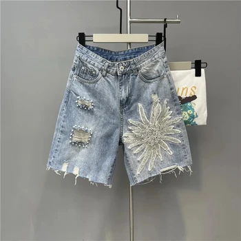 2023 הקיץ מסמר חרוז 3D תלת ממדים פרחים מכנסי ג 'ינס קצרים נשים אירופאית גבוהה המותניים שטף מכנסיים ג' ינס נמתח חם המכנסיים