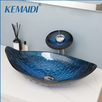 KEMAIDI עלה סגנון חדר האמבטיה כיור כיור ברז ComboTempered זכוכית מפל ברזים ברז כחול כיור חם מים קרים המיקסר.