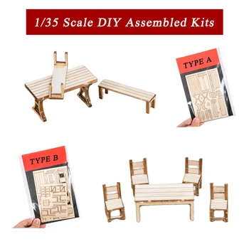 1Set 1:35 בקנה מידה זעיר השולחן&כיסאות עץ נאספו ערכות צעצועים DIY מודל קבלת אדריכלות בניין פריסה עבור דיורמה מתנה