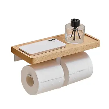אחסון מדף כפול עמיד למים עץ ביתיים שירותים Handphone מדף עם גליל נייר לעמוד רקמות הקולב חוסך מקום