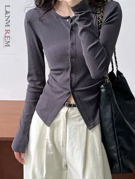 [LANMREM] קפלים עיצוב דק חולצת טריקו שרוול ארוך לנשים 2023 סתיו חדש צוואר עגול מוצק פשטות מקסימום בגדי אופנה 26