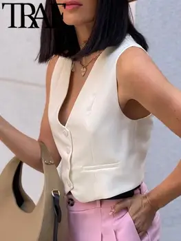 TRAF חדש אופנה נשים מעיל האפוד 2023 סתיו צוואר V שורה אחת של כפתורים ללא שרוולים הז ' קט נשי יבול העליון להאריך ימים יותר לבן.