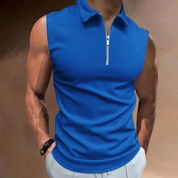גברים של ביגוד קיץ חדש מקרית מוצק צבע מהיר-התייבשות דש רוכסן חולצת פולו אפוד ללא שרוולים