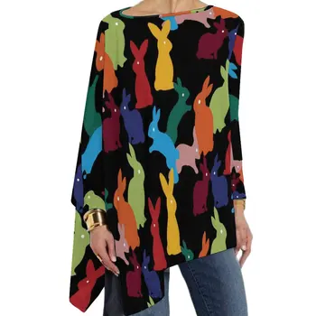צבעוני ארנב חולצות להדפיס בעלי החיים מזדמן רופף ארוך שרוולים חולצת עיצוב אסתטי Tees Womens צמרות גודל גדול