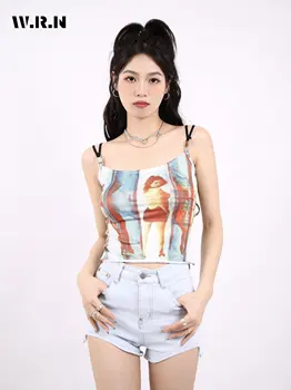 נשים Hotsweet קו נטוי הצוואר הדפסה שרוולים טנקים העליון 2023 הקיץ הקוריאני Y2k Slim Fit Clubwear סגנון יבול נקבה העליון החוף האפוד