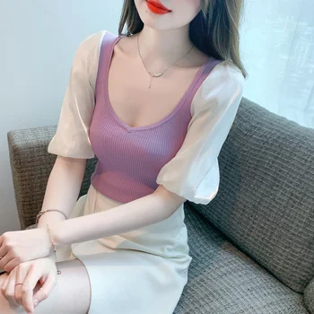 נשים חולצות מוצק הקיץ הקוריאני גירסה קשת קשר מתוק זרים בועה חולצה שרוול רשת עליון סרוג נשים בגדים