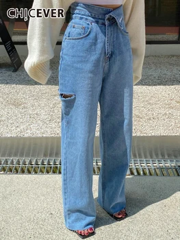 CHICEVER מוצק ישר מכנסי ג 'ינס לנשים גבוהה המותניים חור חלול החוצה טלאים גולמי שולי קיץ קליל משוחרר הג' ינס הנשי החדש.