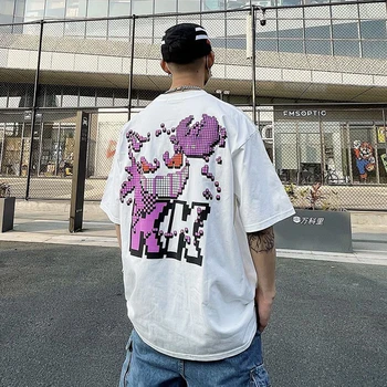 Hiphop רחוב אמריקאי רטרו כותנה חולצת הטריקו של גברים קיץ רוק פיקסל הרוח גרפיטי הדפסה שרוולים קצרים למעלה בגדי גברים