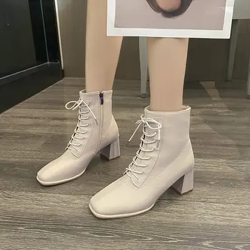 הגברת מגפי מגפי נעלי נשים-חורף נעלי רוכסן רוק לבן סתיו 2023 הקרסול גומי העקב גבוה משאבות בסיסיות בוהן מרובע מוצק F
