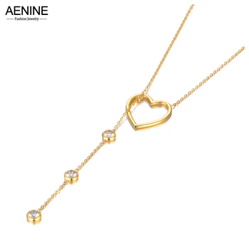 AENINE נוצץ CZ קריסטל שרשרת תליון אופנתי חלולים קסם לב נירוסטה תכשיטים לנשים ילדה Ожерелье AN22186