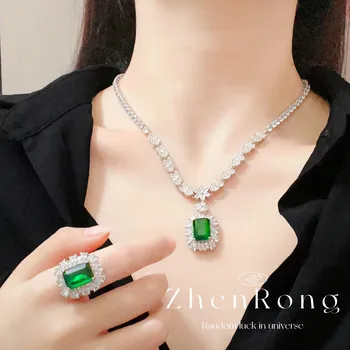 יוקרה המקורי 925 כסף סטרלינג סטי תכשיטי אופנה לנשים ירוק מרובע מצופה אבן כלה מתנה שרשרת טבעת עגילים סטים