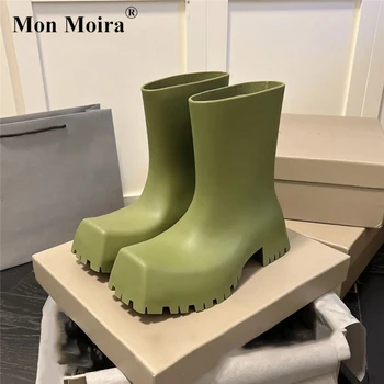 MONMOIRA עבה פלטפורמת מעצב עגל אמצע מגפי נשים 2023 סתיו להחליק על בוהן מרובע נעלי ירוק עבה העקבים נעלי נשים