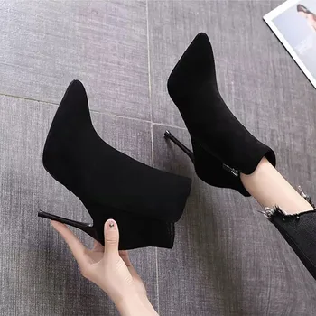קצר מגפי נשים 2023 סתיו/חורף נעלי העקב גבוה סקסי שחור עקב מחודד בוהן רוכסן בצד Botines מזדמן Botas דה Mujer