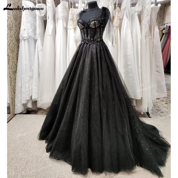 יוקרה סטרפלס טול שחור שמלת מסיבת חתונה שמלה קו שמלת כלה רומנטית פרל שיק Appliqués תחרה עד בחזרה vestidos