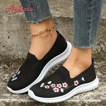 Aphixta 2023 חדש לרקום פריחת השזיף פרחים נעלי אישה בד כותנה שטוח העקב לאוורר פנאי רך מוקסינים נעלי ספורט