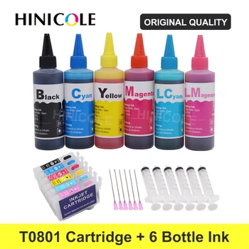 HINICOLE 6 צבע דיו Epson T0801 XL Stylus Photo P50 T59 R265 270 285 290 360 מדפסת + בקבוק דיו ערכות 600ml