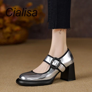 Cialisa 2023 סתיו נשים משאבות כסף אמיתי עור בוהן עגול נעלי אבזם רצועה השמלה בעבודת יד עקבים גבוהים נעלי נשים