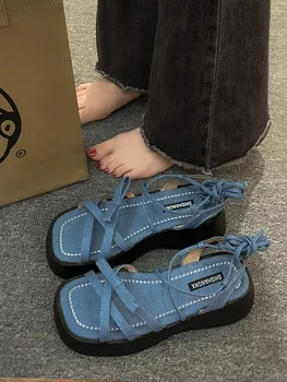 קרוס-נעלי סנדל נקבה לרפואה נעלי טריז רצועה עקבים 2023 נשים בנות גלדיאטור בינוני פלטפורמה נוחות תחרה חדש בז ' S