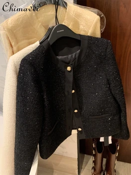 אלגנטי צוואר צוות מבריק משי ארוג טוויד מעיל קצר לנשים סתיו אופנה חדשה במשרד גברת חליפה טלאים גבי ז ' קטים אלגנטיים