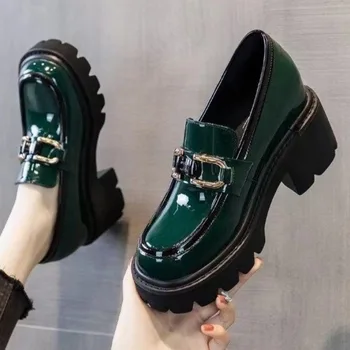 Maogu 2023 אביב סתיו הבריטי סגנון פאנק פלטפורמה להחליק על נעלי עקבים נעל עור נשים ירוק להחליק על נעלי נשים משאבות