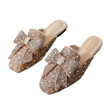 בוהן מרובע חרוזים Paillette פרדות נעלי נשים נעלי קיץ אישה סנדלי כפכפים פרל נצנצים בלינג שקופיות פלוס גודל 34-43