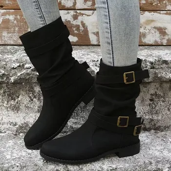 2023 החורף בתוספת גודל נעלי נשים להחליק על נשים אמצע שוק מגפיים כיכר נעלי העקב של נשים אבזם החגורה עקב נמוך גבירותיי מגפיים