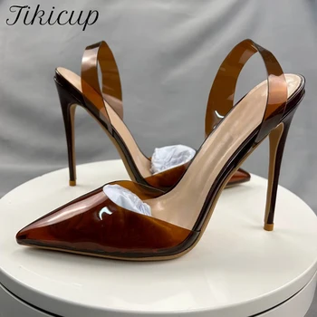 Tikicup חום הקיץ נשים סקסי שקוף רך PVC מחודדות העקב גבוה Slingback נעלי ג 'לי פגיון משאבות 12cm 10 ס